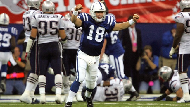Peyton Manning celebrates the Colts comeback against the Patriots in the AFC Championship Game in 2007