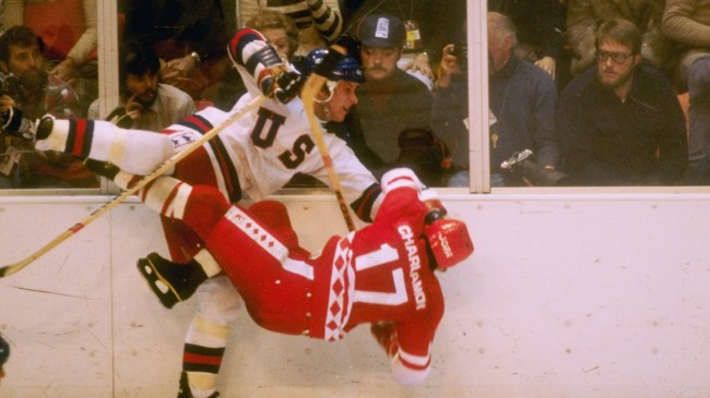 Mike Ramsey of Team USA checks a Soviet Union player during the Miracle on Ice