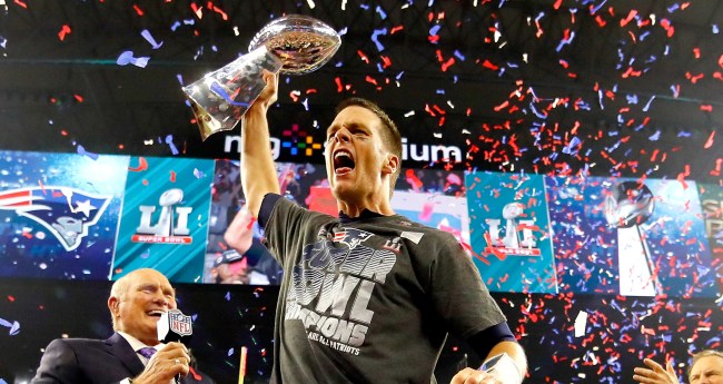 Tom Brady raises the Lombardi Trophy after winning Super Bowl LI