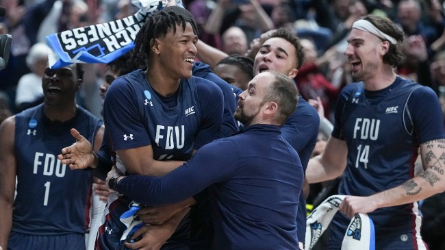 Fairleigh Dickinson celebrates after beating Purdue in March Madness