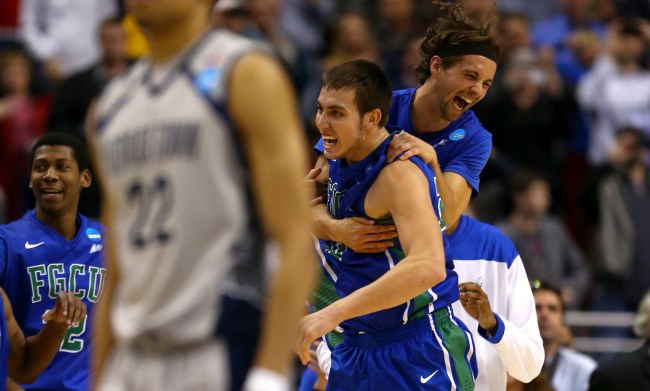 Florida Gulf Coasts celebrates after beating Georgetown in March Madness in 2013