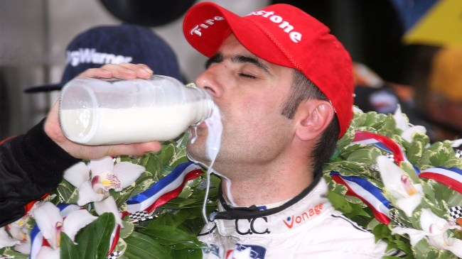 Dario Franchitti drinking milk after winning the Indy 500