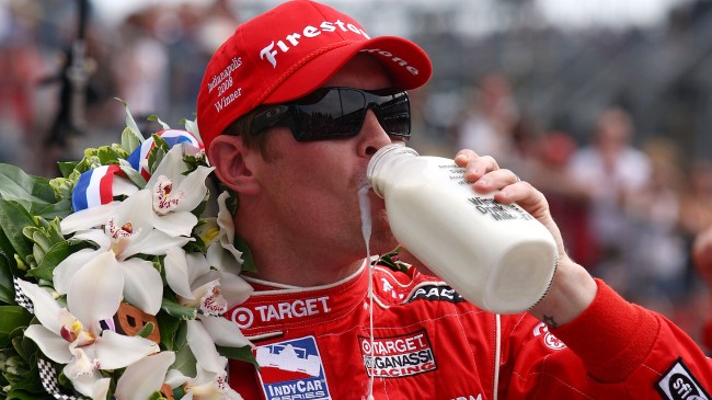 Scott Dixon drinking milk after winning the Indy 500